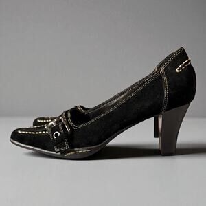 Aerosoles Suede High Heel Pumps Womens Black Cream Stitch Cushioned Shoes Sz 8M